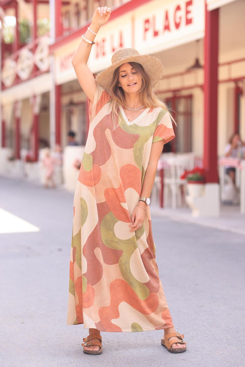 Gold glitter maxi t-shirt dress with terracotta abstract paint print