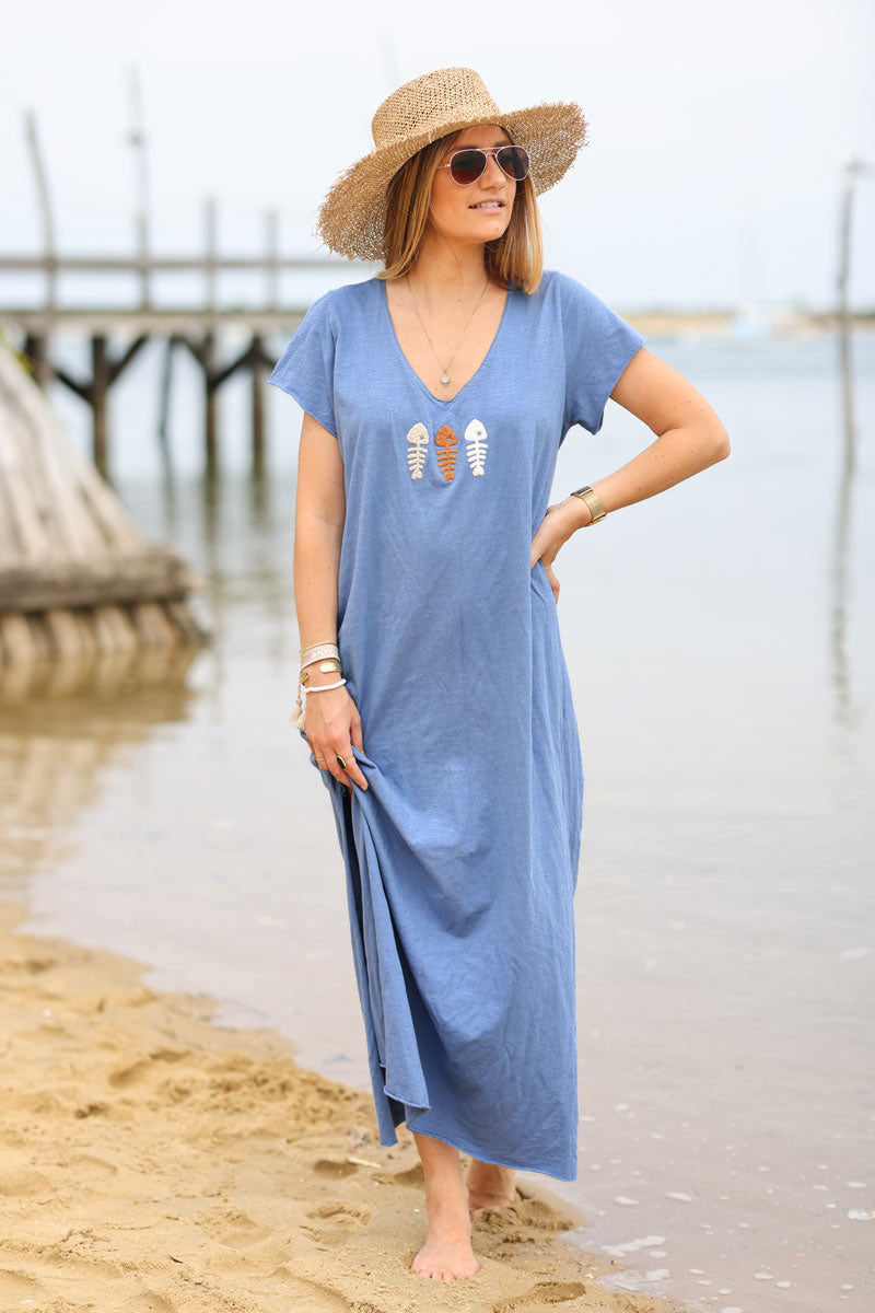 Dusty blue V-neck maxi t-shirt dress with trio fish