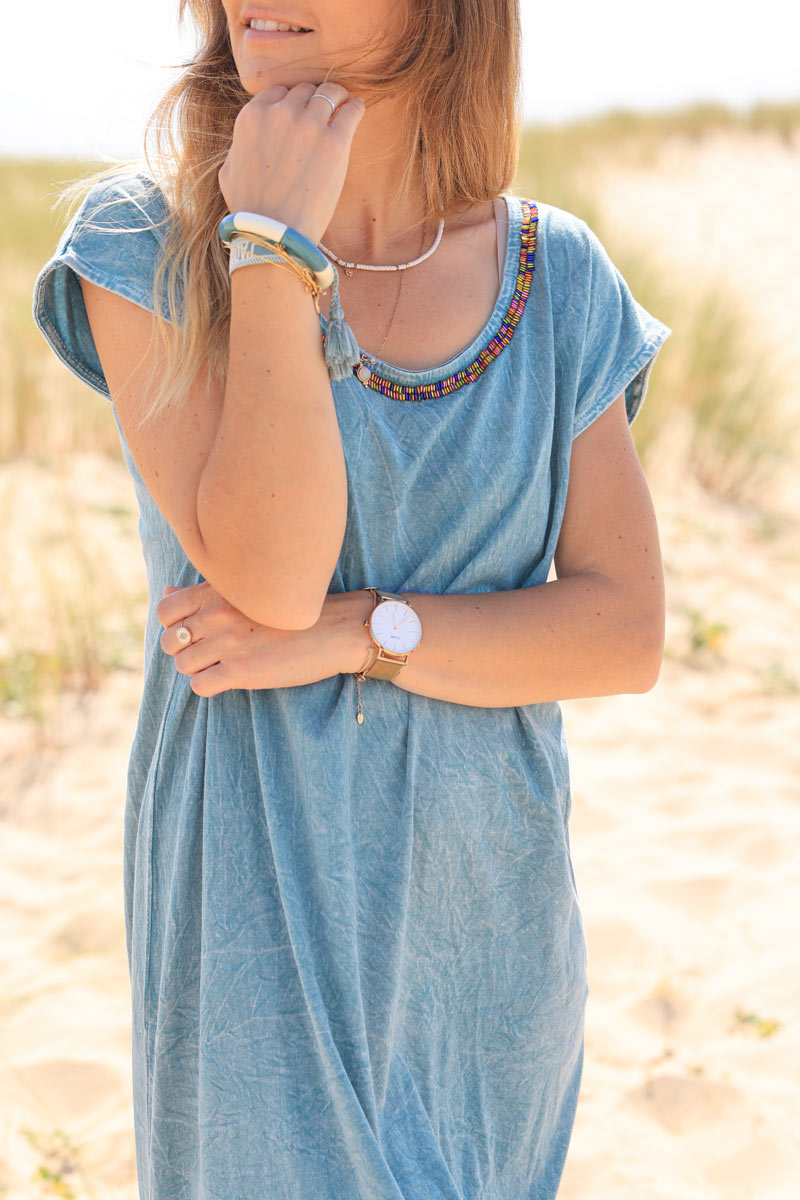 Faded turquoise maxi t-shirt dress with colorful pearl collar