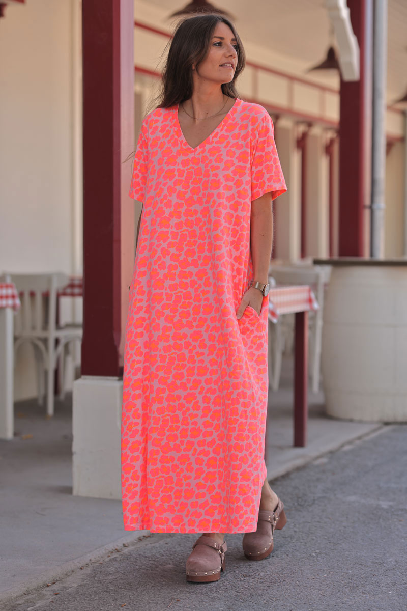 Hot pink Leopard Burnout V-Neck Caftan
