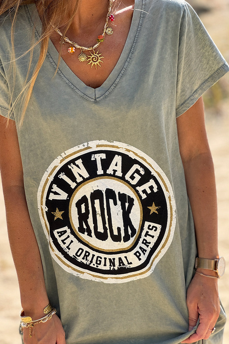 Robe tshirt longue kaki délavé logo vintage rock col v