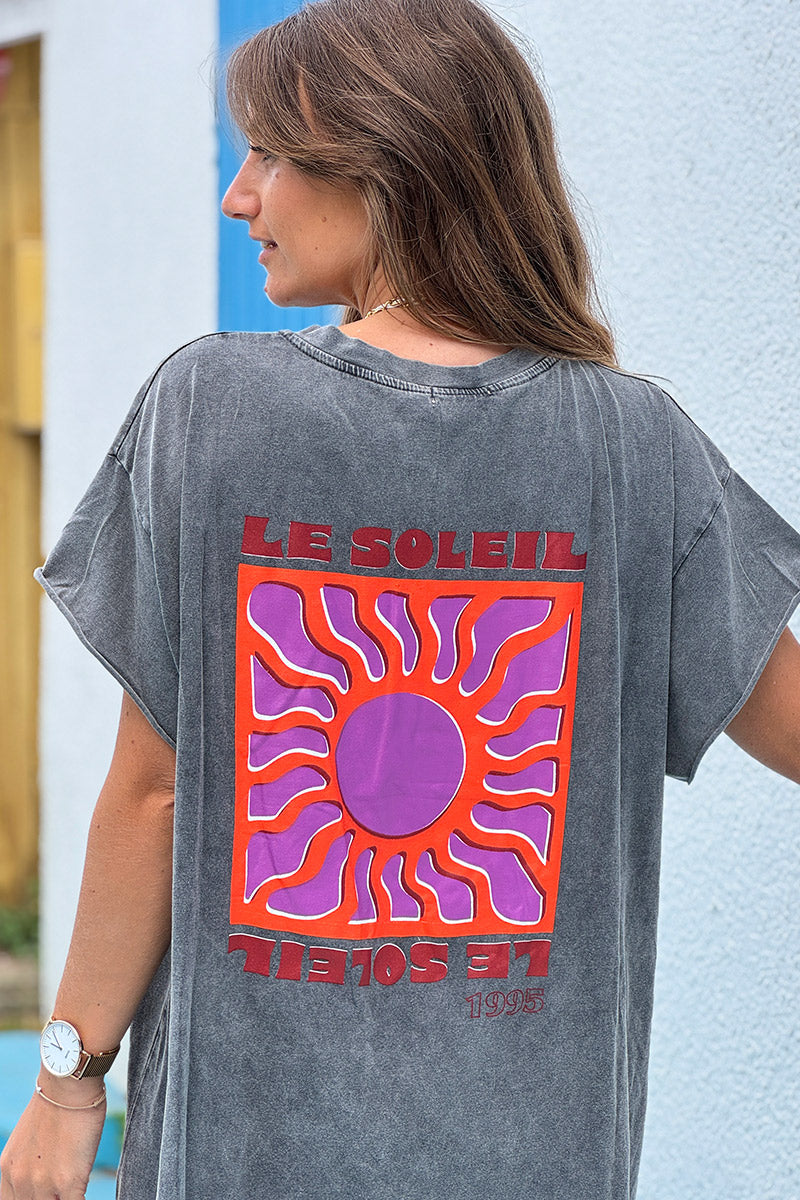 Robe t-shirt stretch et confort gris délavé imprimé logo Le Soleil dans le dos col v