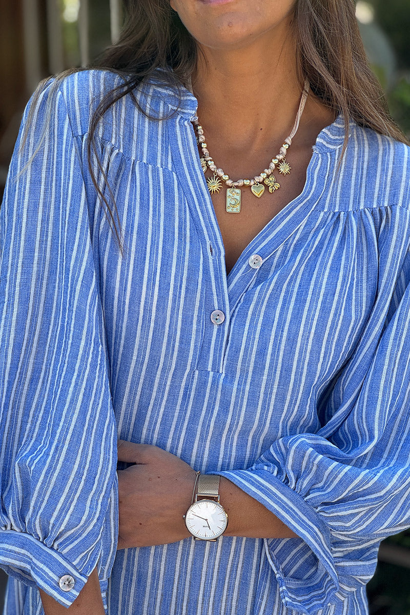 Blue Pinstripe Linen Cottage Dress
