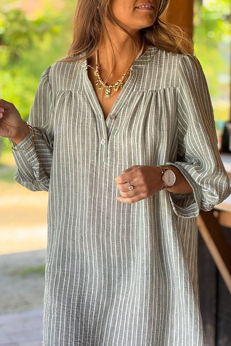 Olive Pinstripe Linen Cottage Dress
