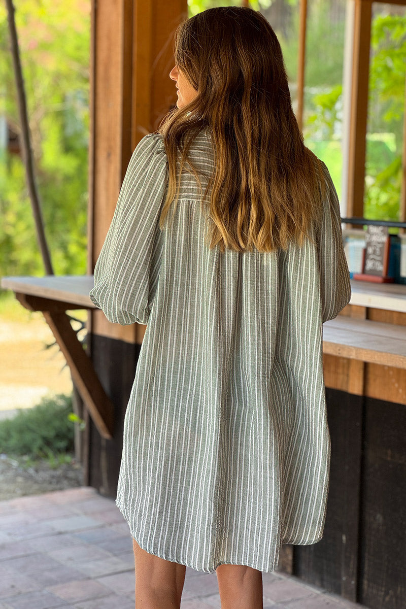 Olive Pinstripe Linen Cottage Dress
