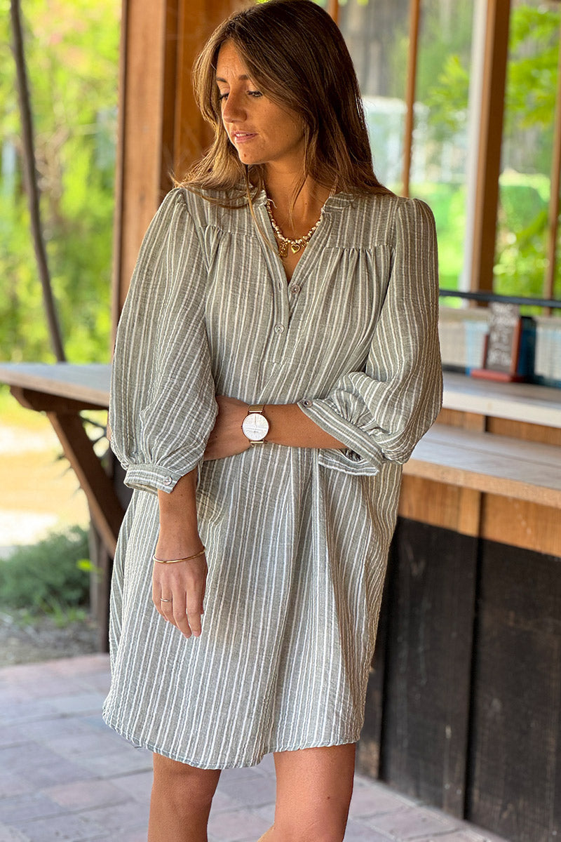 Olive Pinstripe Linen Cottage Dress
