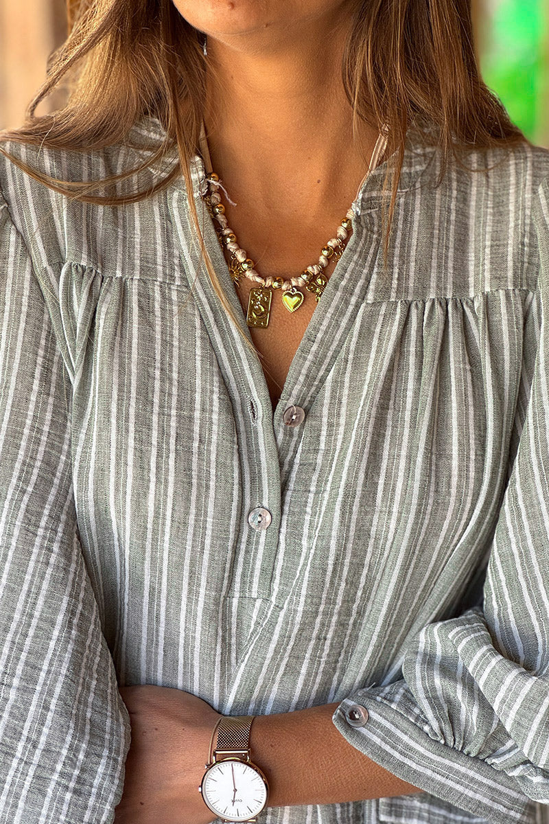 Olive Pinstripe Linen Cottage Dress
