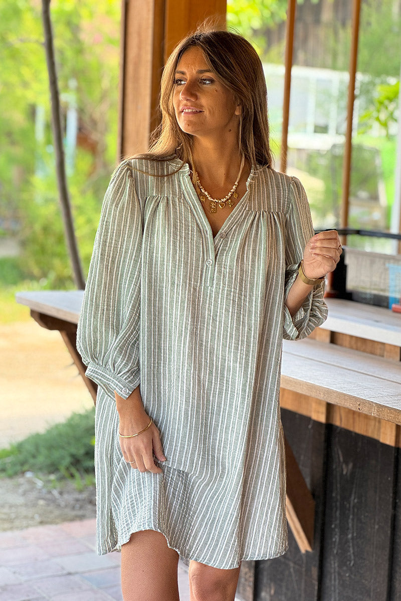 Olive Pinstripe Linen Cottage Dress
