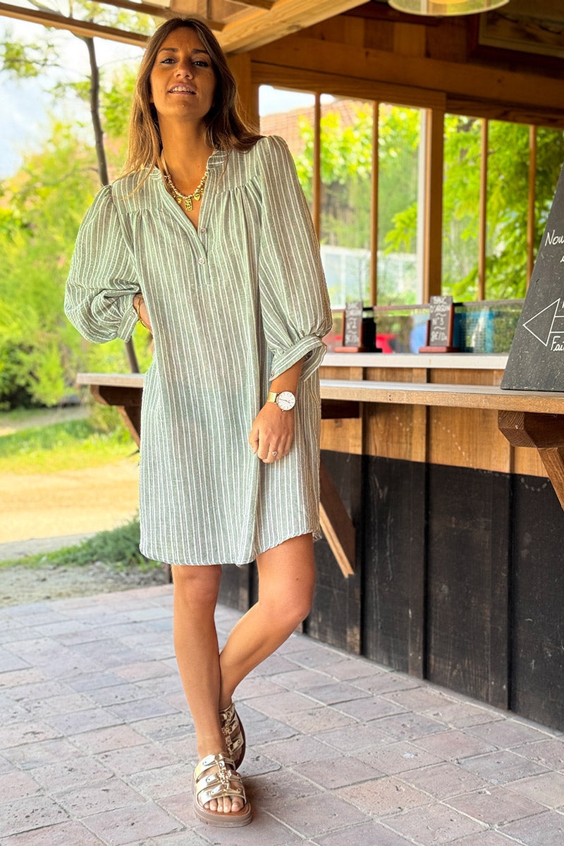 Olive Pinstripe Linen Cottage Dress
