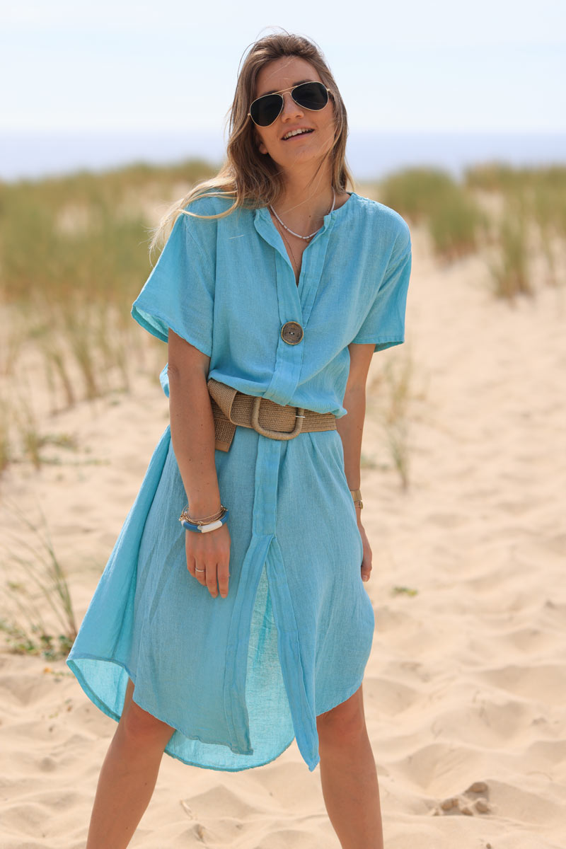 Faded turquoise woven style cotton dress with large metal button