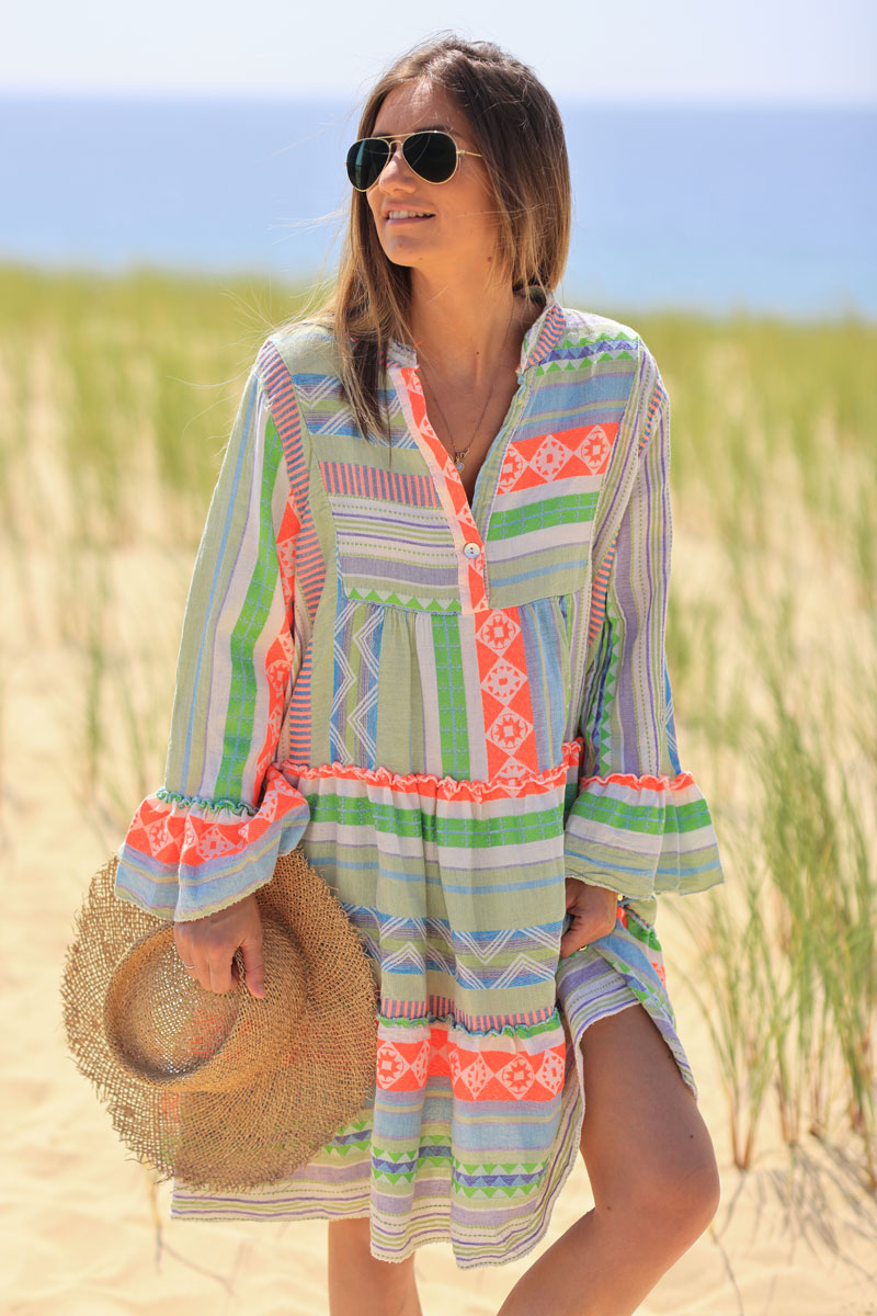 Green frilled cotton dress with woven aztec print