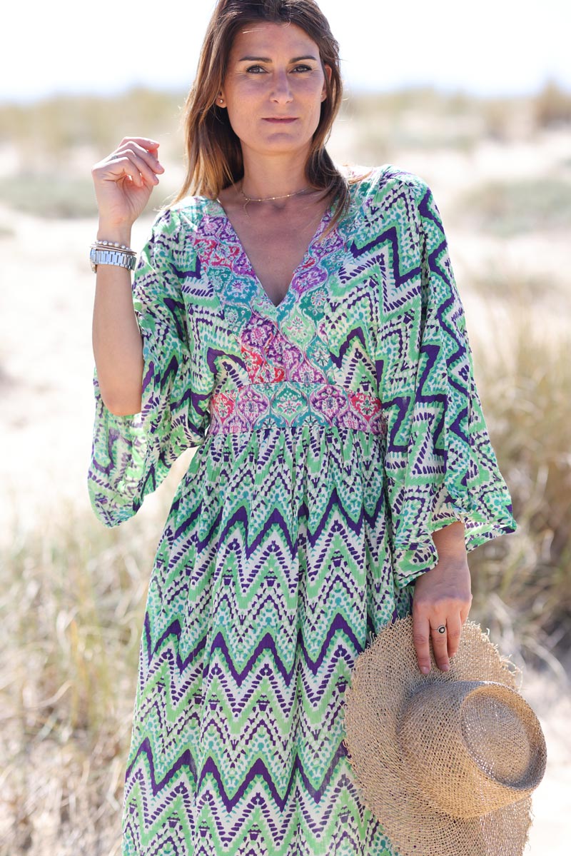 Green long flowing maxi dress with butterfly sleeves and herringbone and paisley print