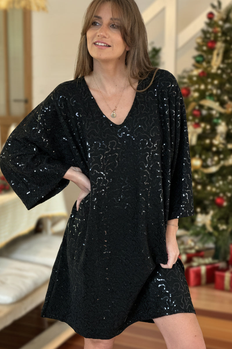 Black Sequin Patterned Tunic Dress