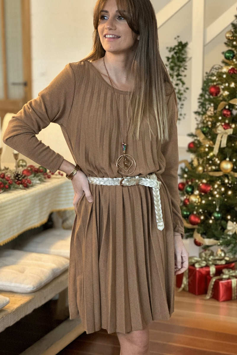 Taupe Pleated Long-Sleeve Knit Dress with Metallic Woven Belt