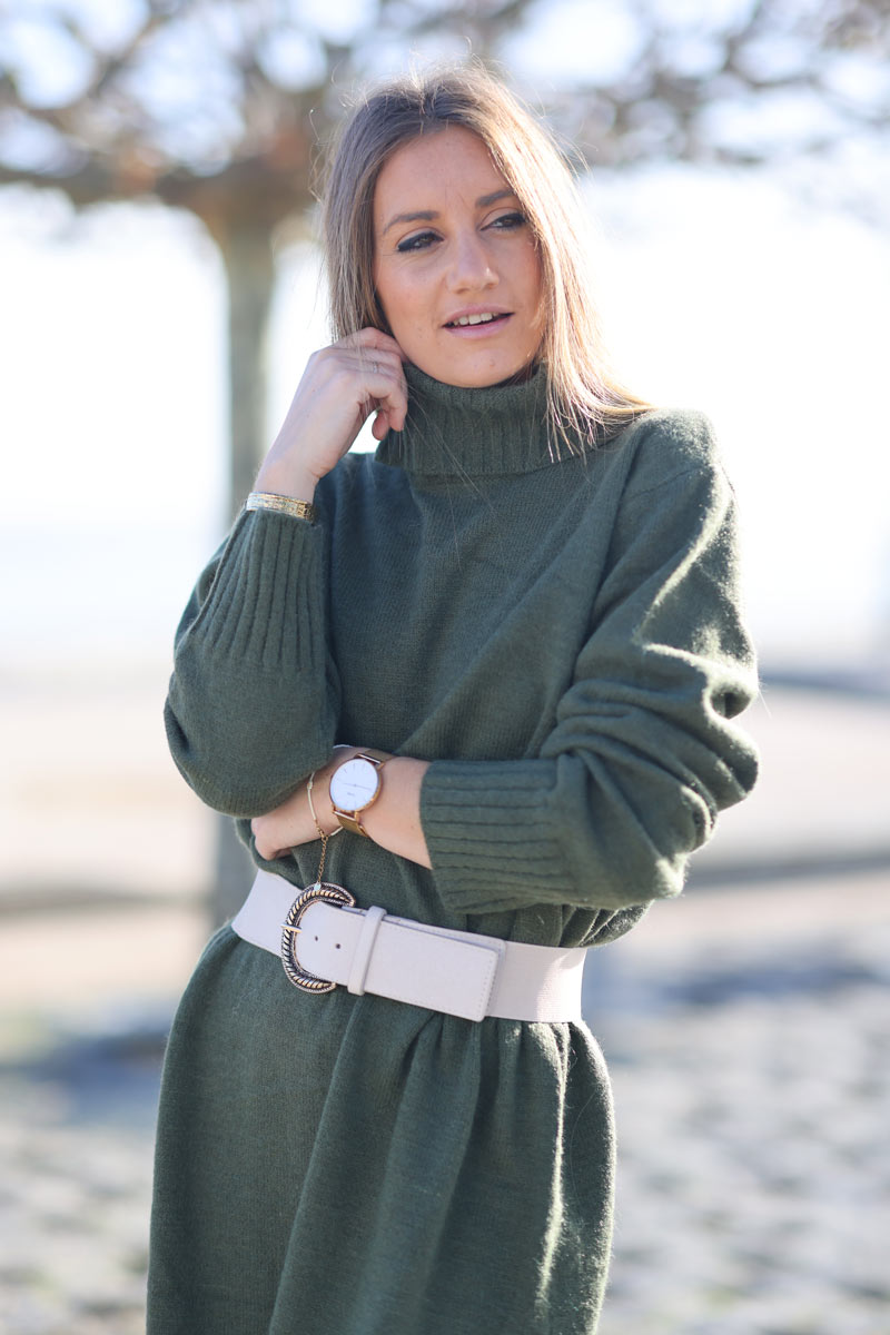 Soft knitted midi dress with roll neck in khaki