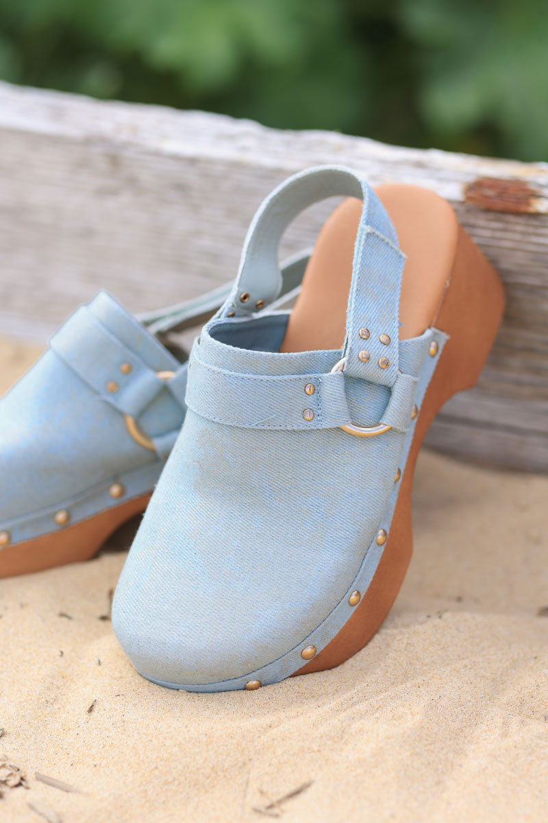 Denim heel clogs with rear strap and studs detail