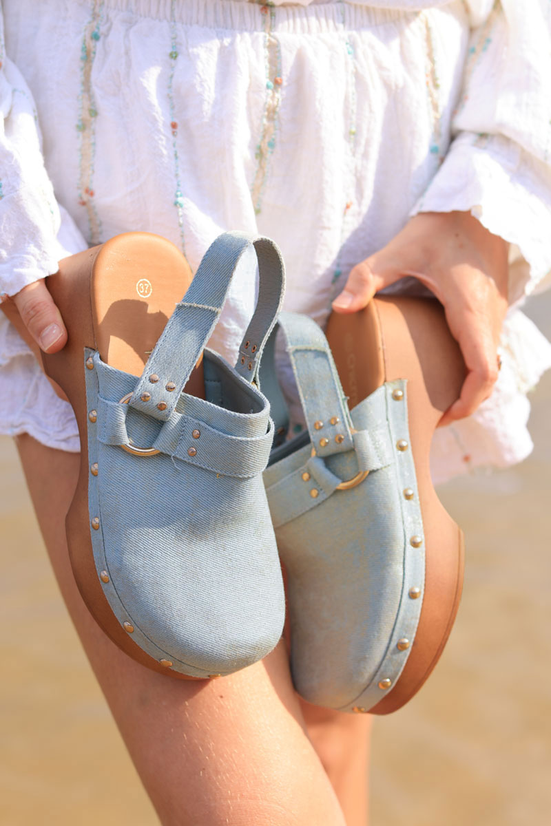 Denim heel clogs with rear strap and studs detail