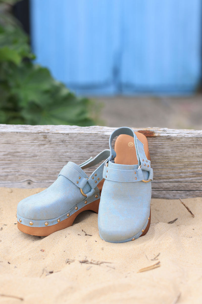 Denim heel clogs with rear strap and studs detail