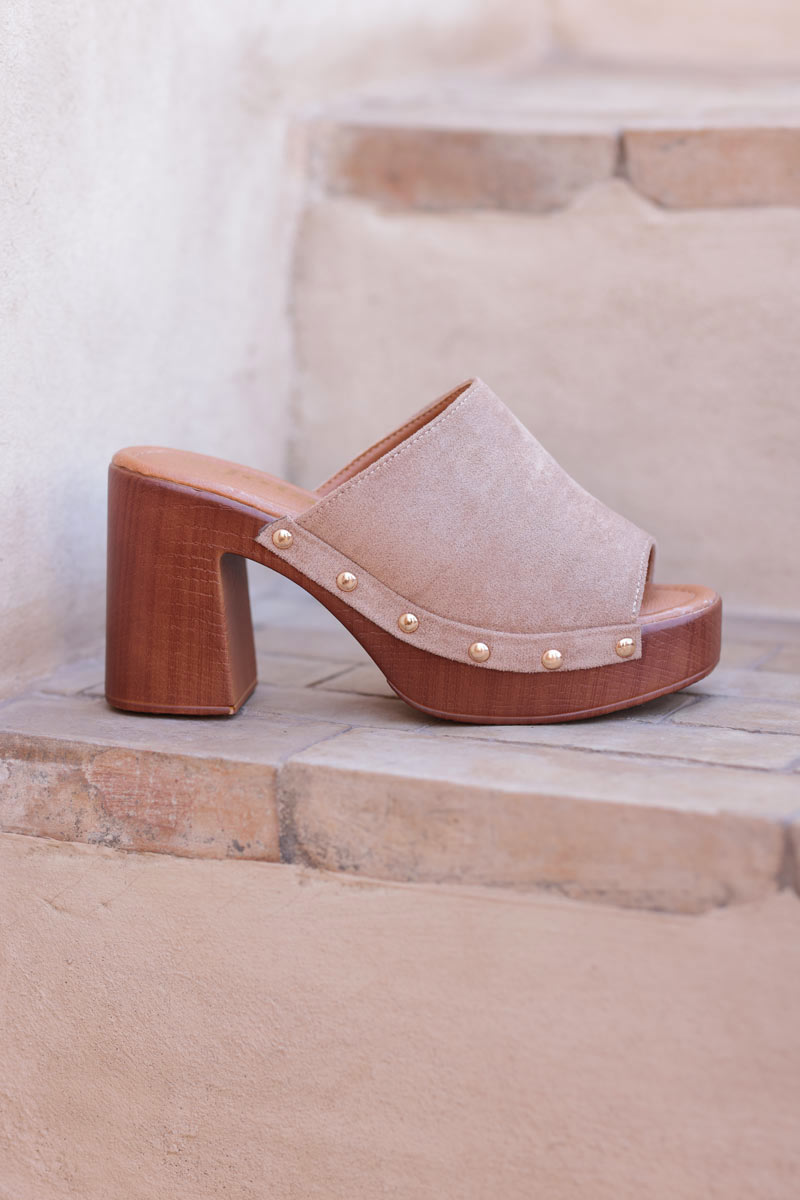 Taupe suedette open toe heeled mules with studs