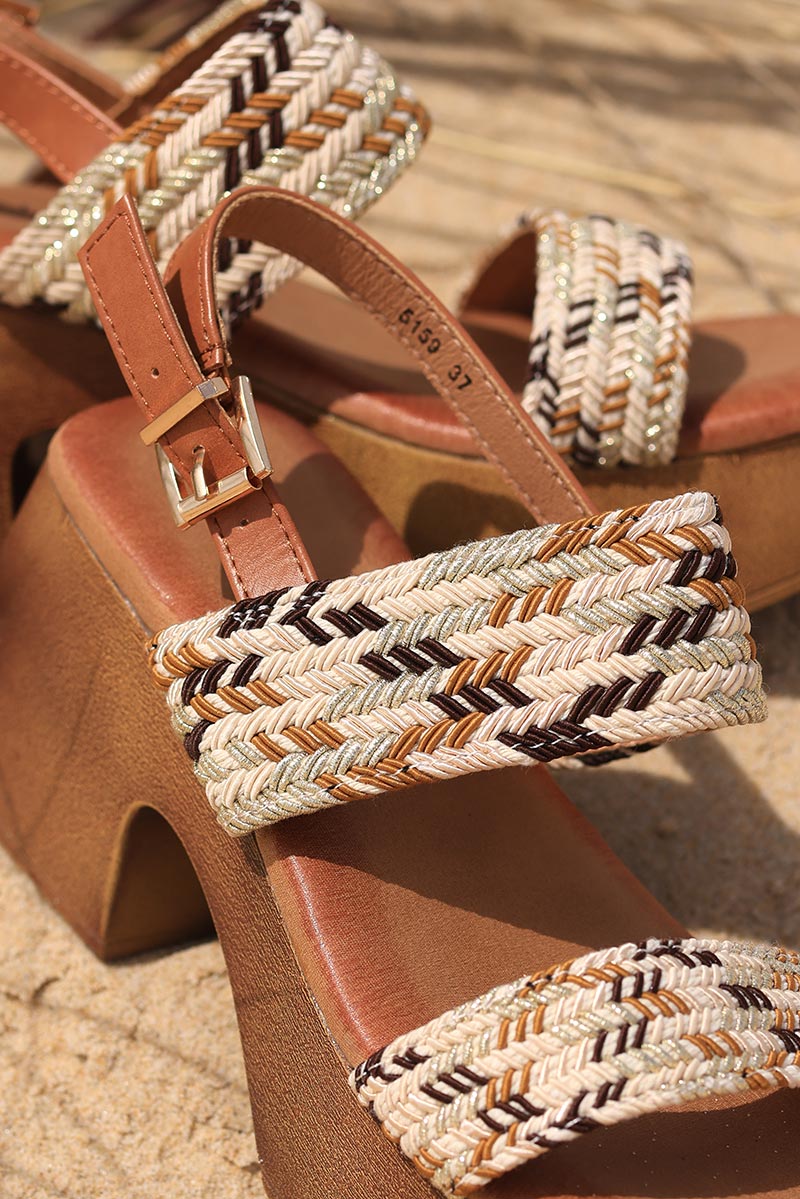 Beige camel and gold woven mules with heels