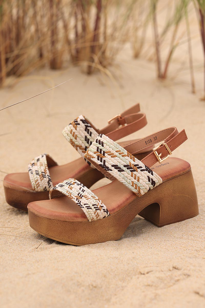 Beige camel and gold woven mules with heels