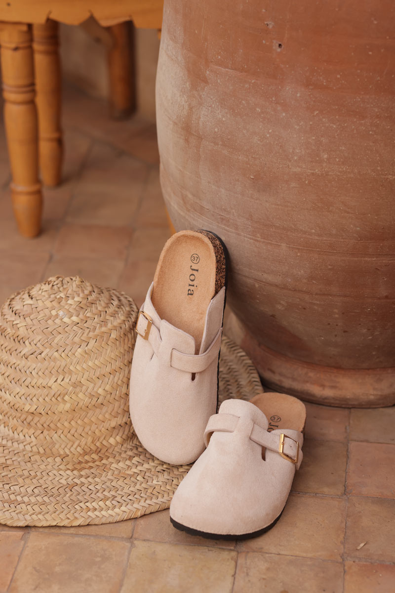 Beige suedette slip on mules with buckle
