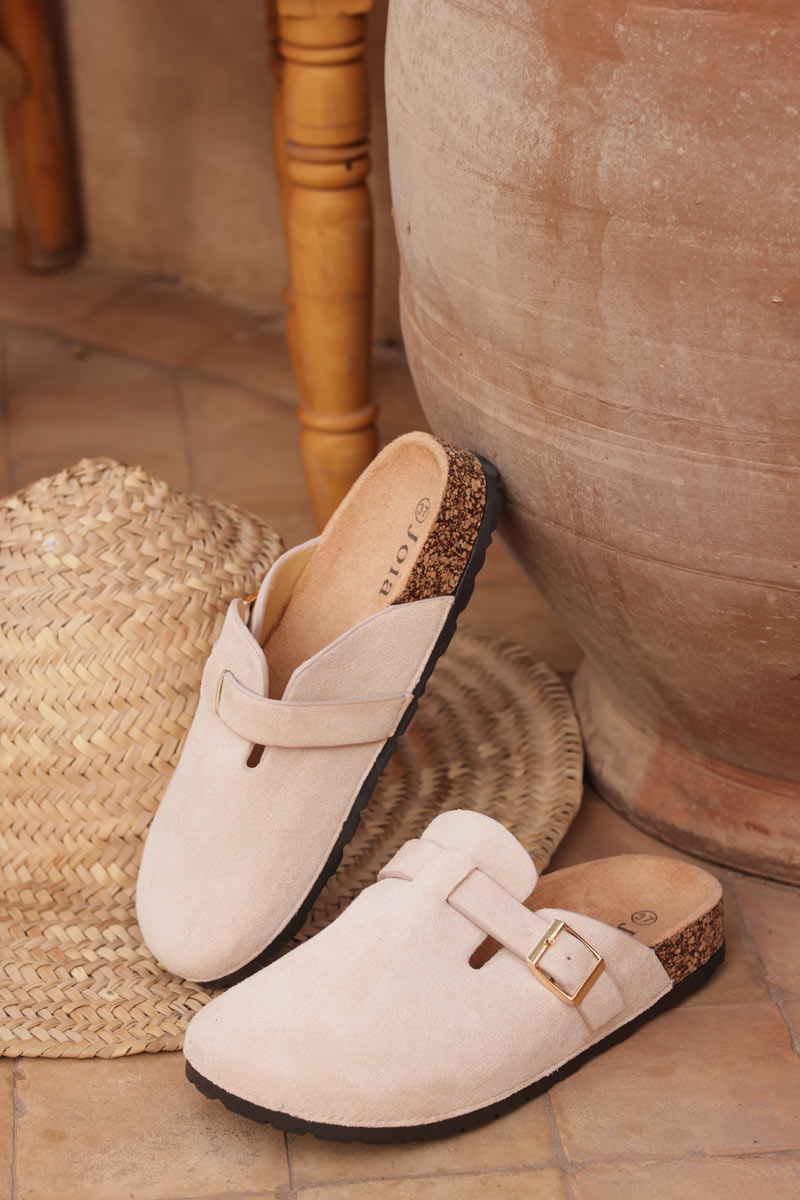 Beige suedette slip on mules with buckle