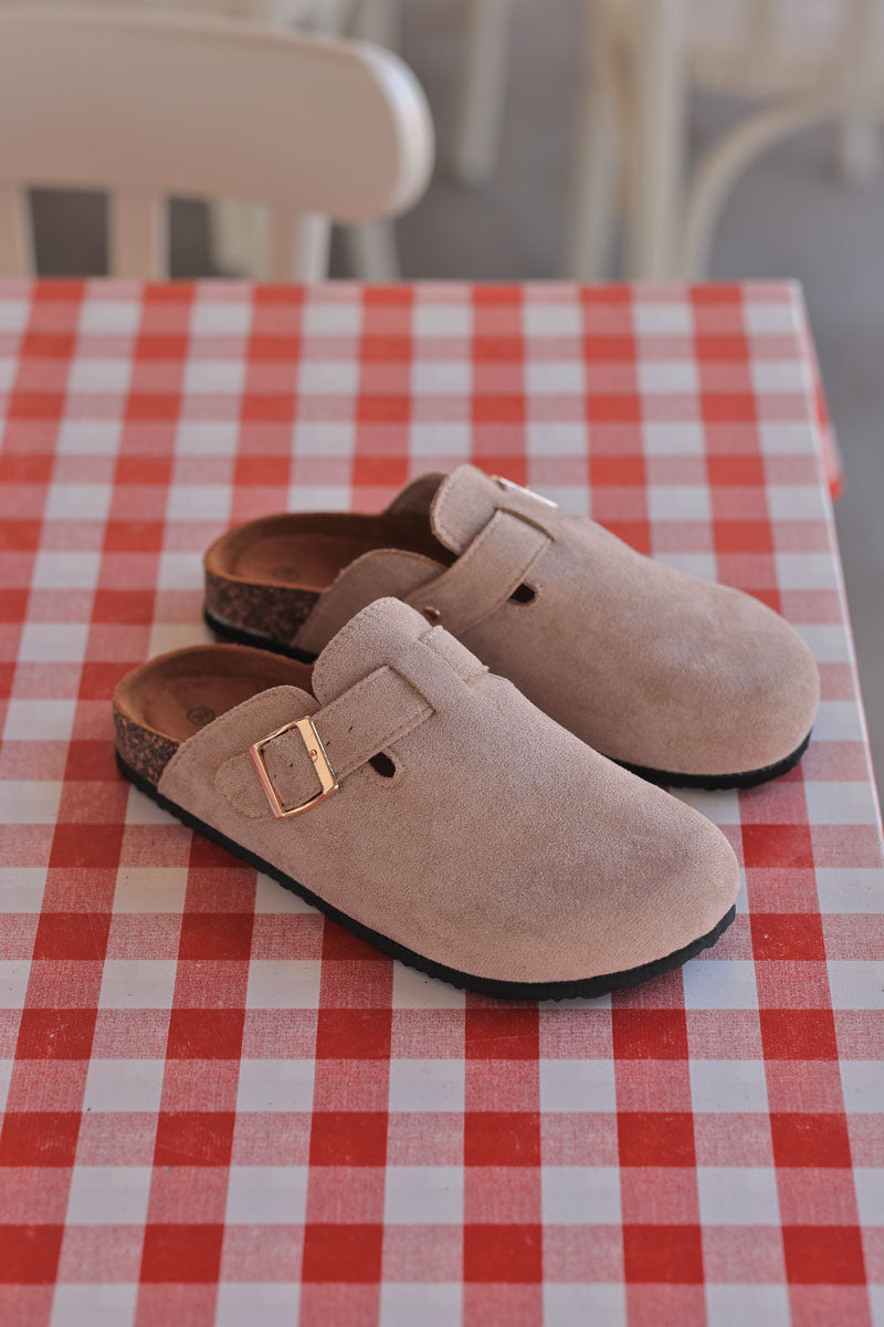 Beige suedette slip on mules with buckle