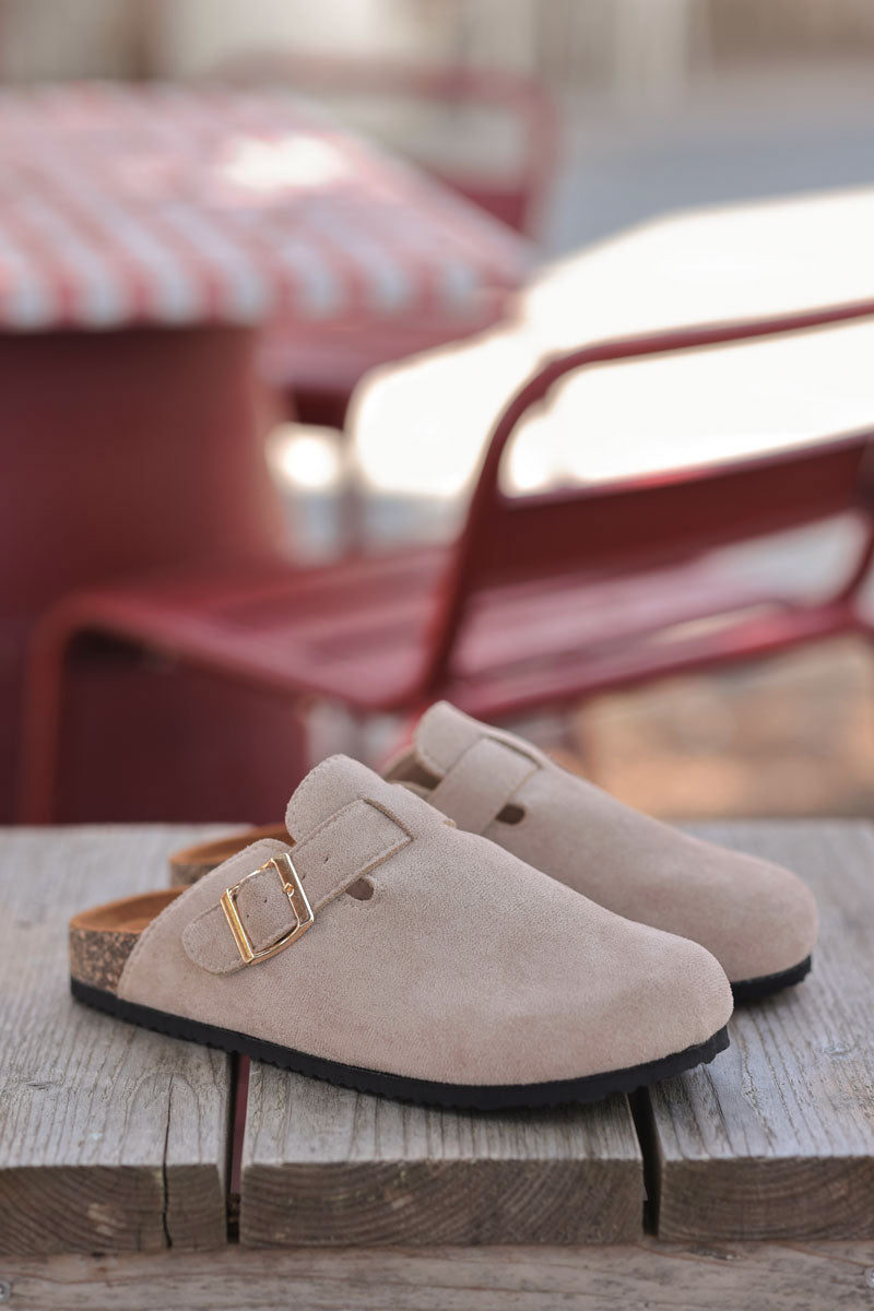 Beige suedette slip on mules with buckle