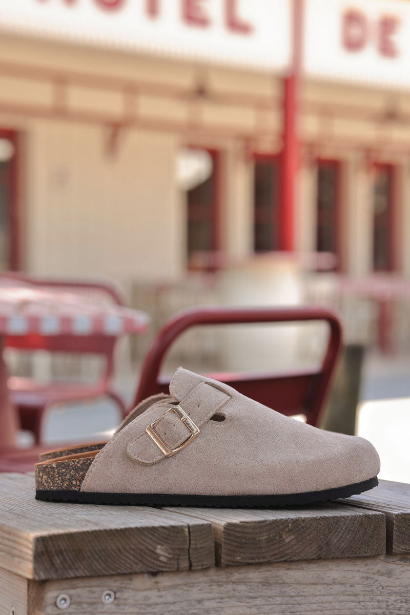 Beige suedette slip on mules with buckle