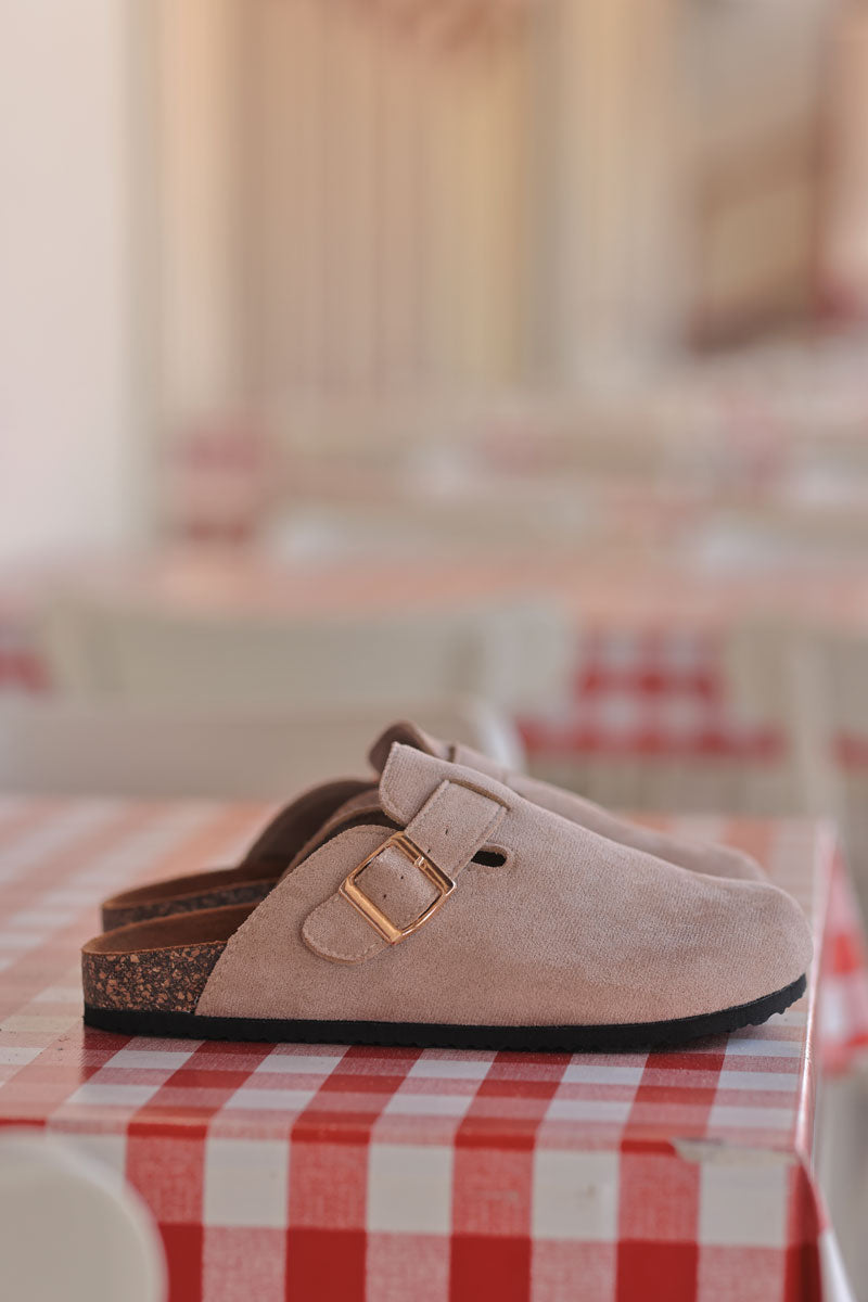 Beige suedette slip on mules with buckle
