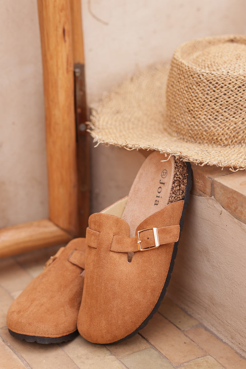 Camel suedette slip on mules with buckle