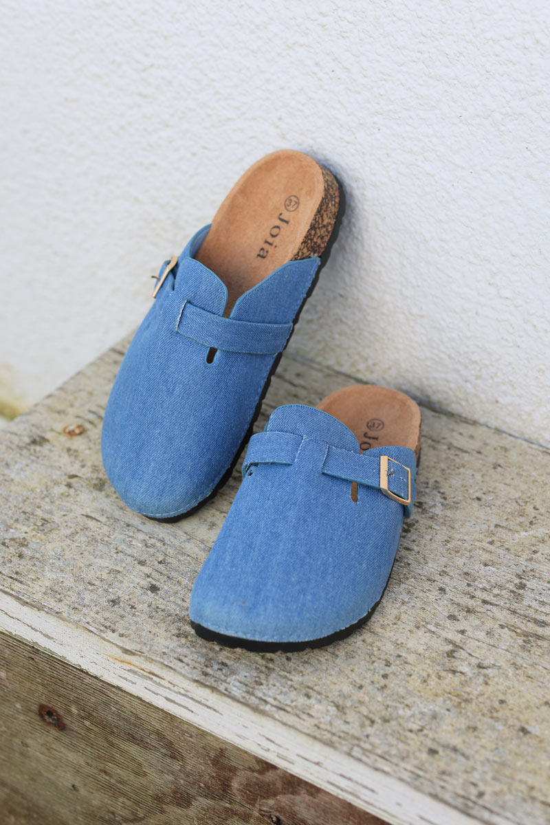 Blue jean effect slip on mules with buckle