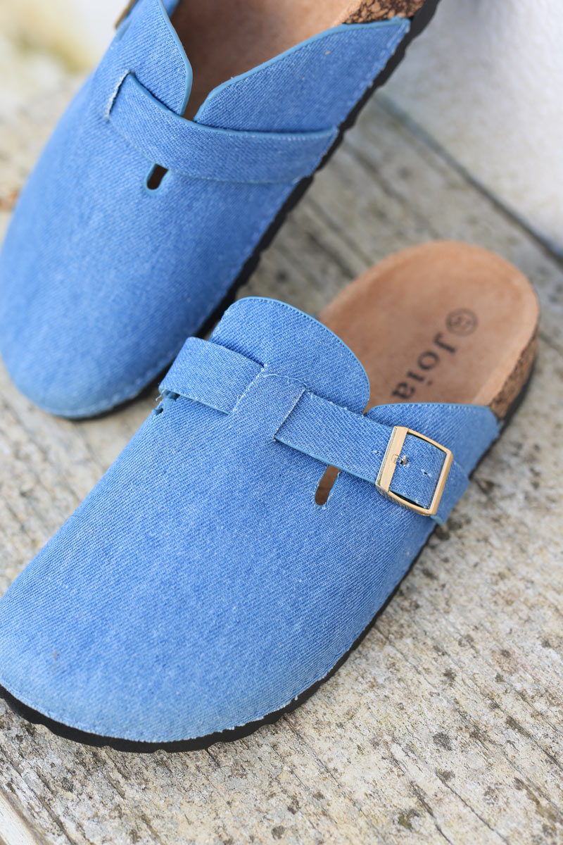 Blue jean effect slip on mules with buckle