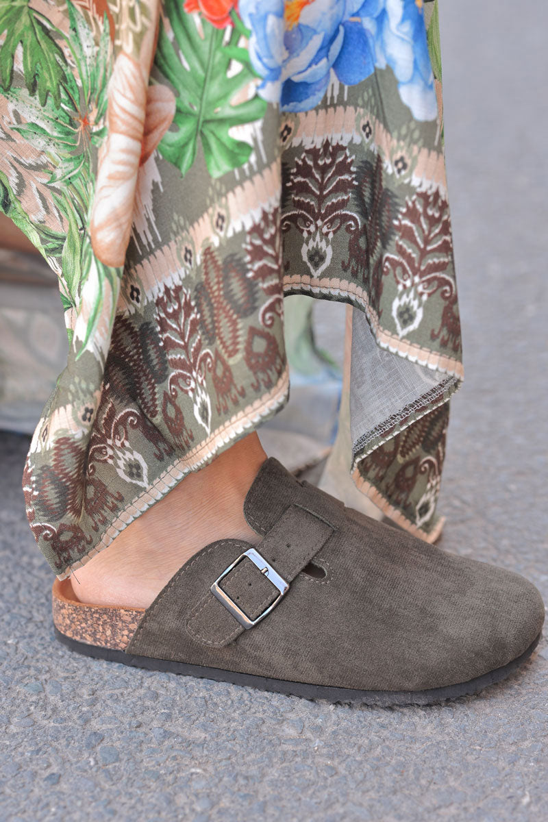 Khaki suedette slip on mules with buckle