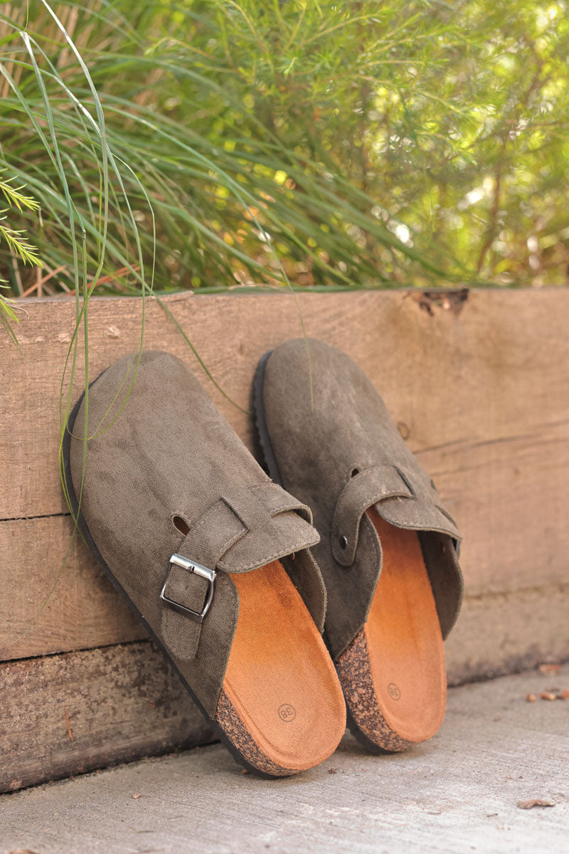Khaki suedette slip on mules with buckle