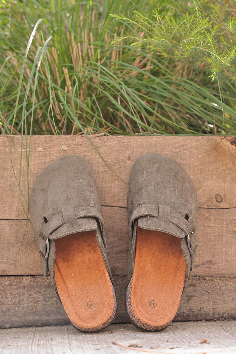 Khaki suedette slip on mules with buckle