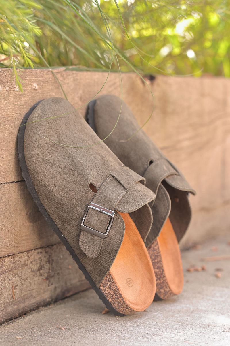 Khaki suedette slip on mules with buckle