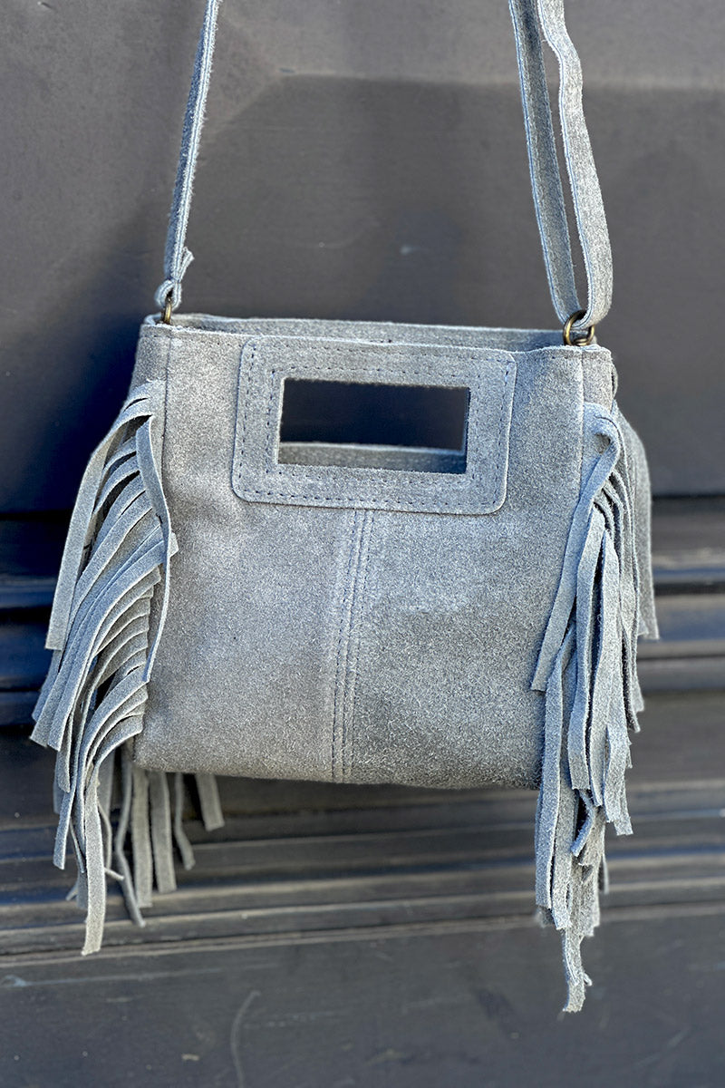Sac à main à franges bleu en cuir suède anse poignée et bandoulière mini format