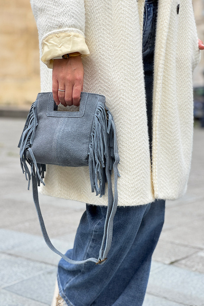 Sac à main à franges bleu en cuir suède anse poignée et bandoulière mini format