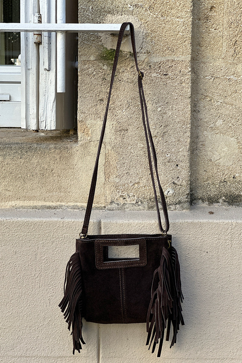 Sac à main à franges marron chocolat en cuir suède anse poignée et bandoulière mini format