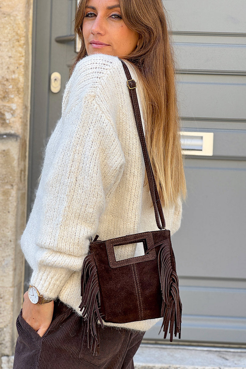 Sac à main à franges marron chocolat en cuir suède anse poignée et bandoulière mini format