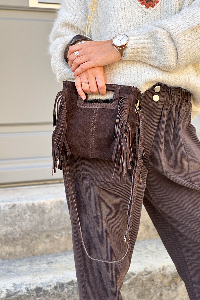 Sac à main à franges marron chocolat en cuir suède anse poignée et bandoulière mini format