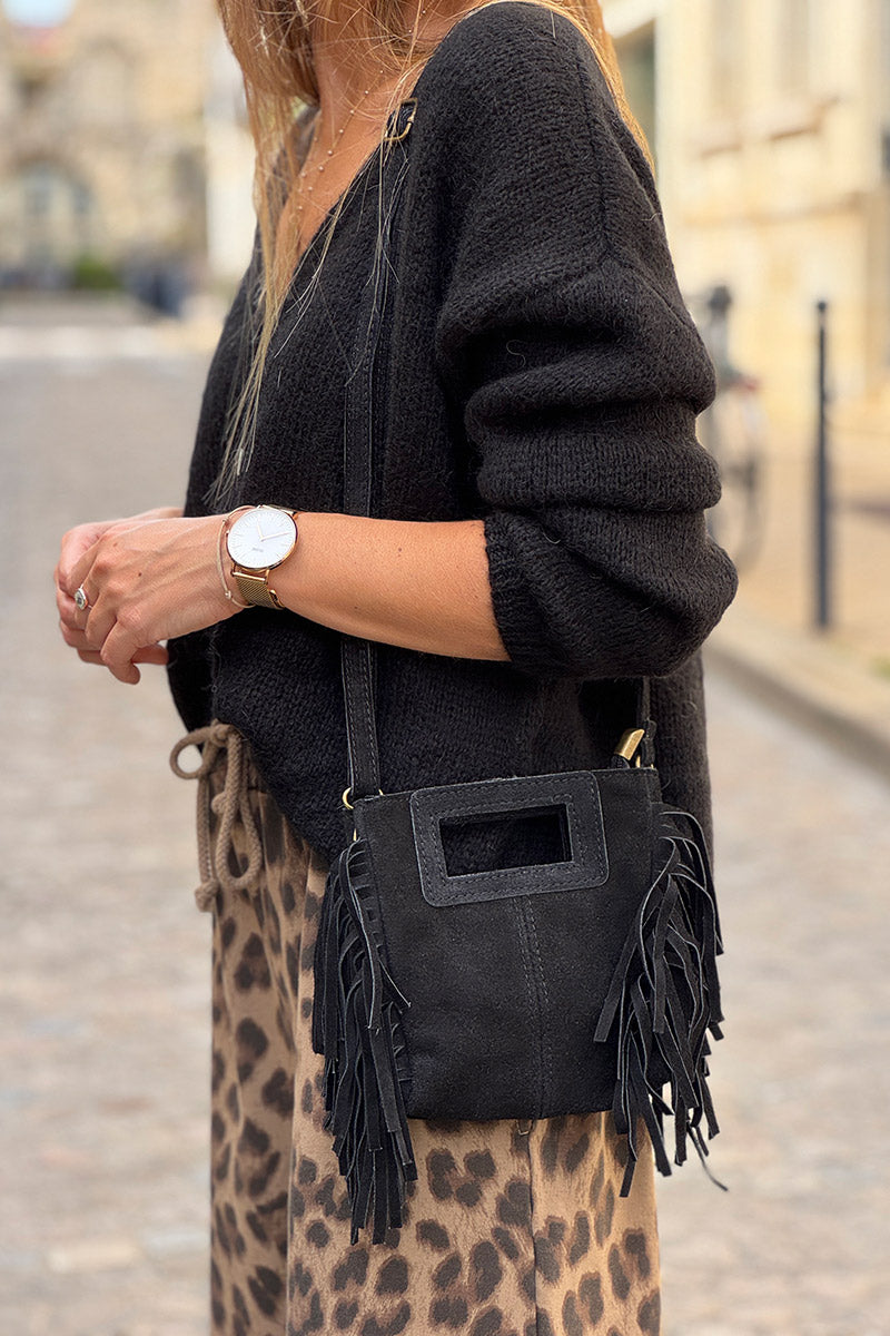 Sac à main à franges noir en cuir suède anse poignée et bandoulière mini format