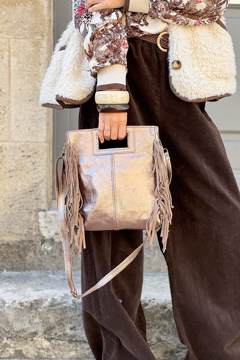 Sac à main à franges taupe bronze en cuir irisé anse poignée et bandoulière