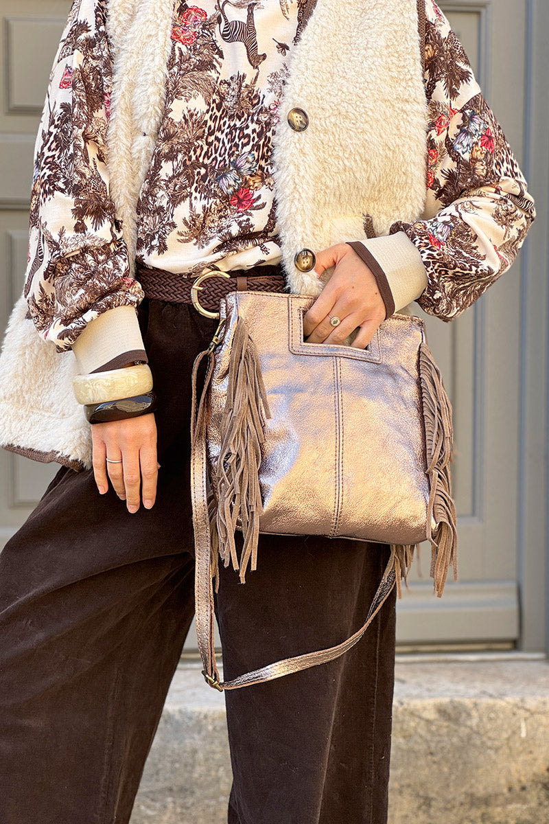 Sac à main à franges taupe bronze en cuir irisé anse poignée et bandoulière