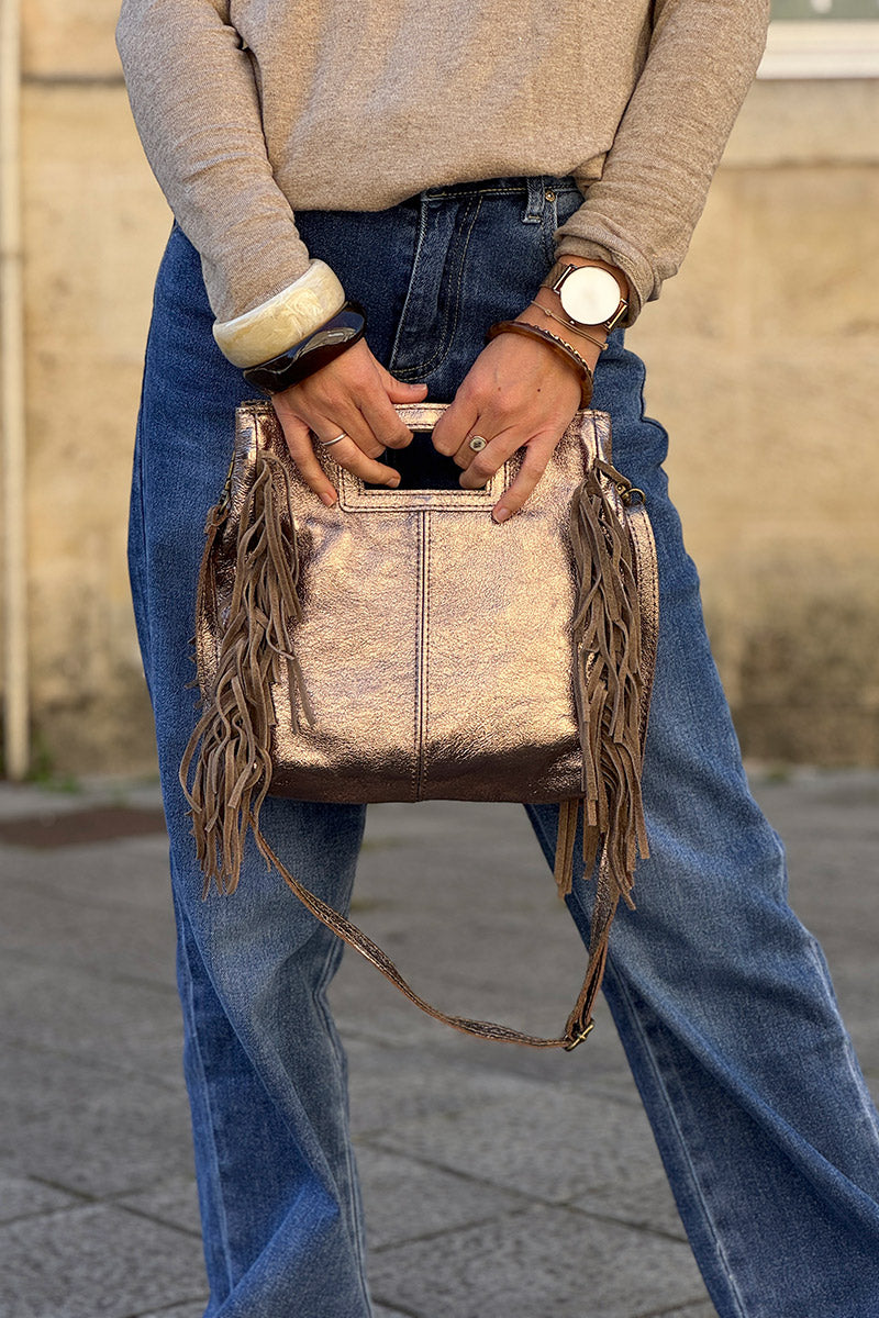 Sac à main à franges taupe bronze en cuir irisé anse poignée et bandoulière
