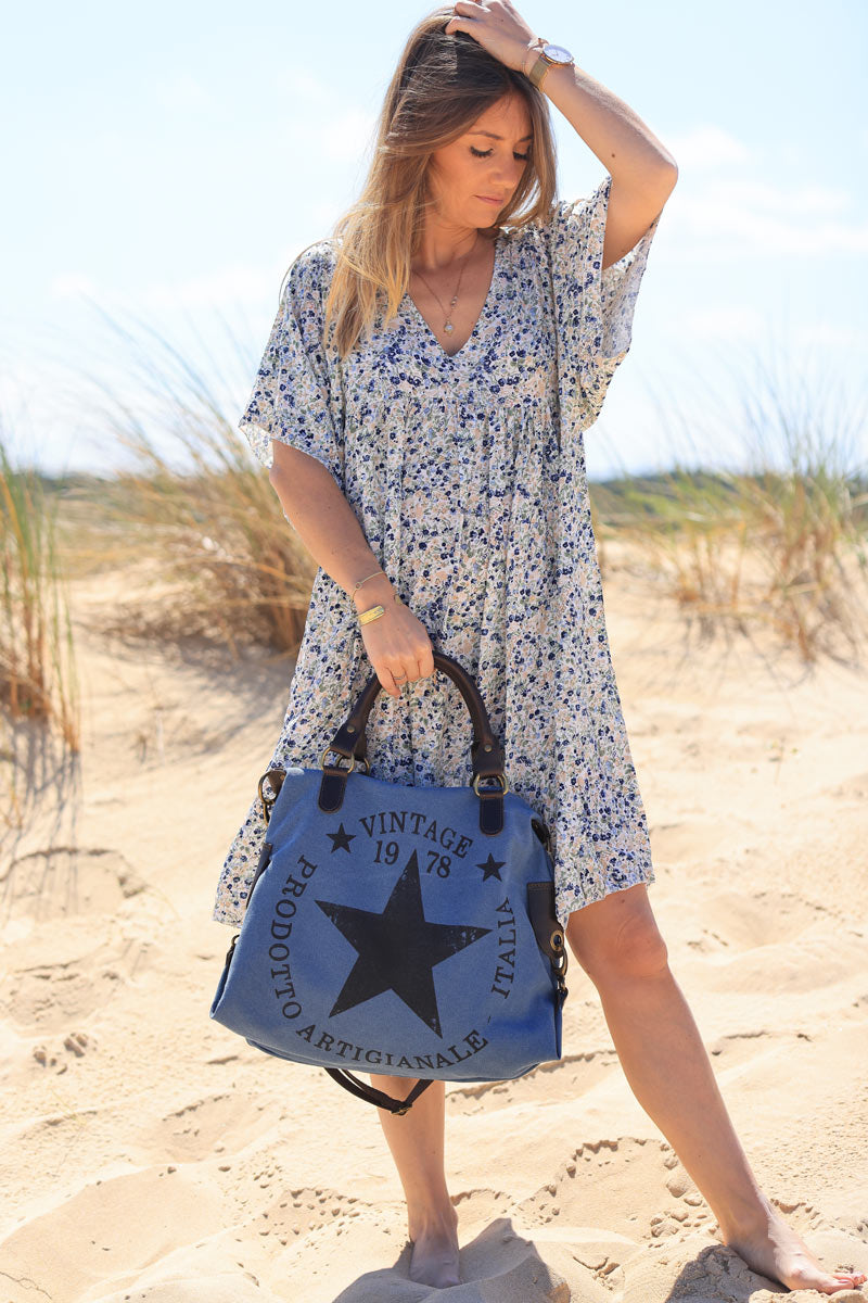 Sac à main bleu jean en coton et anses en cuir logo étoile vintage