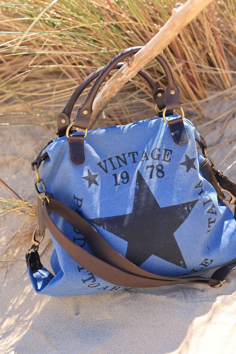 Dusty blue cotton canvas bag vintage design leather handles and clip details