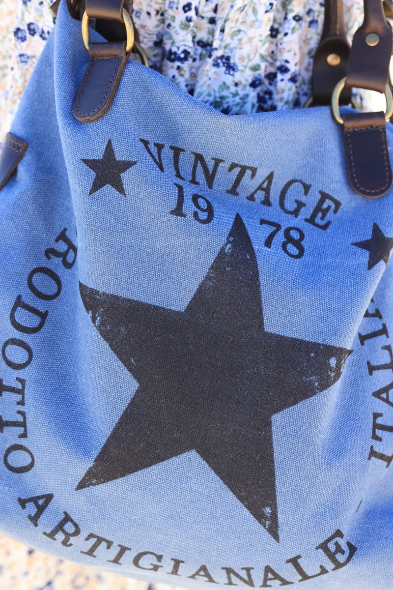 Sac à main bleu jean en coton et anses en cuir logo étoile vintage